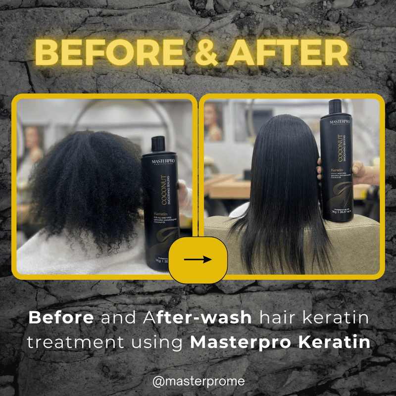 MasterPro Coconut Brazilian Keratin Treatment Before and After - Witness the remarkable transformation to sleek, smooth, and frizz-free hair